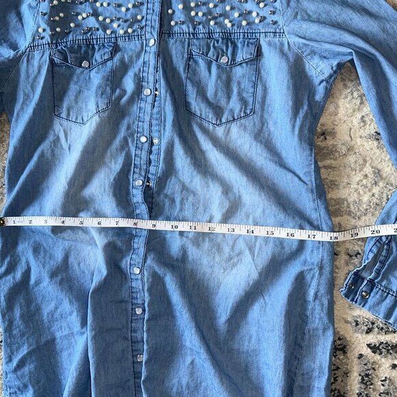 Big Dart Embellished Pearl Rhinestone Denim Shirt Hi Low Tunic Medium - Picture 9 of 10